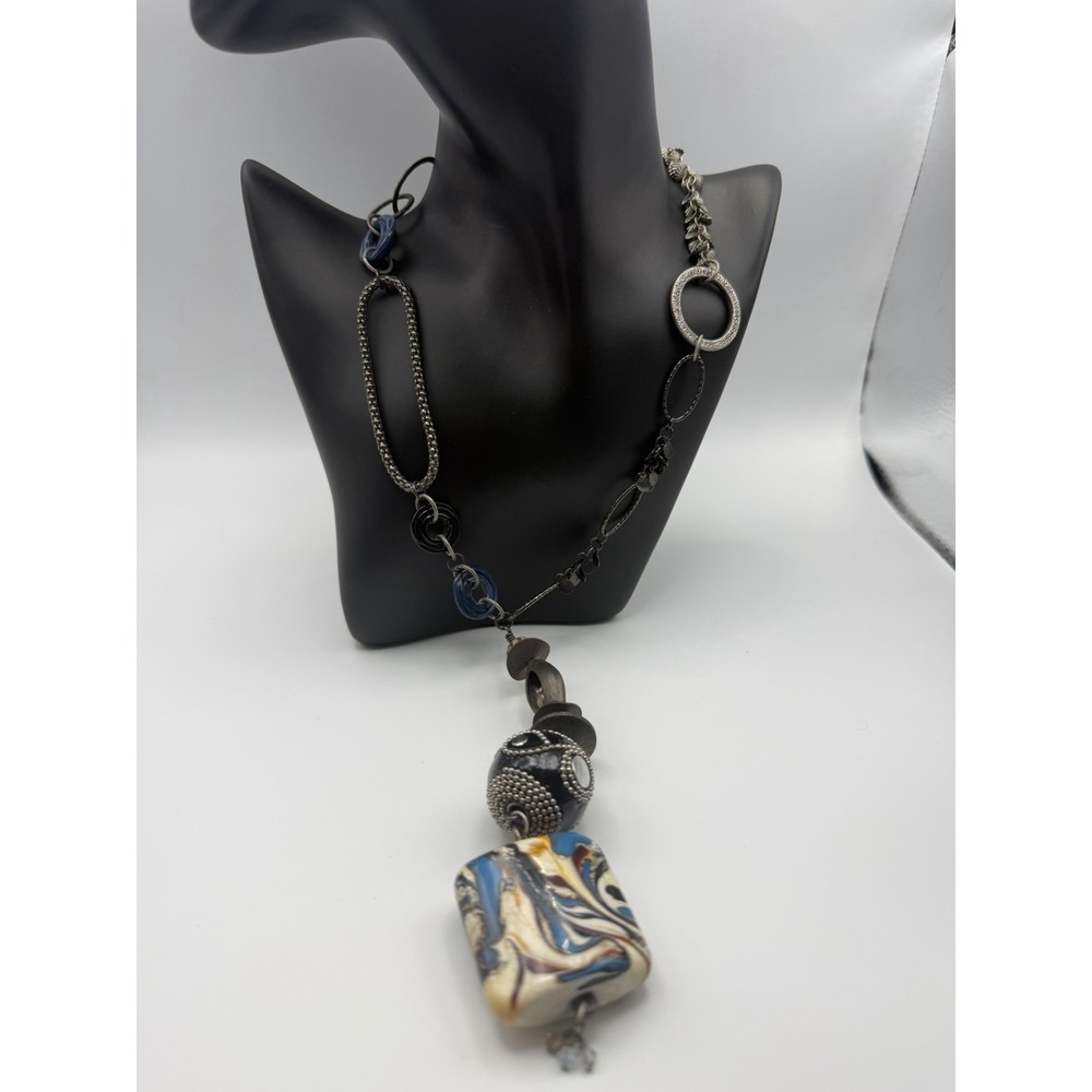 Landra Mixed Media Asymmetrical Statement Necklace Marbled Pendant Magnetic 26in